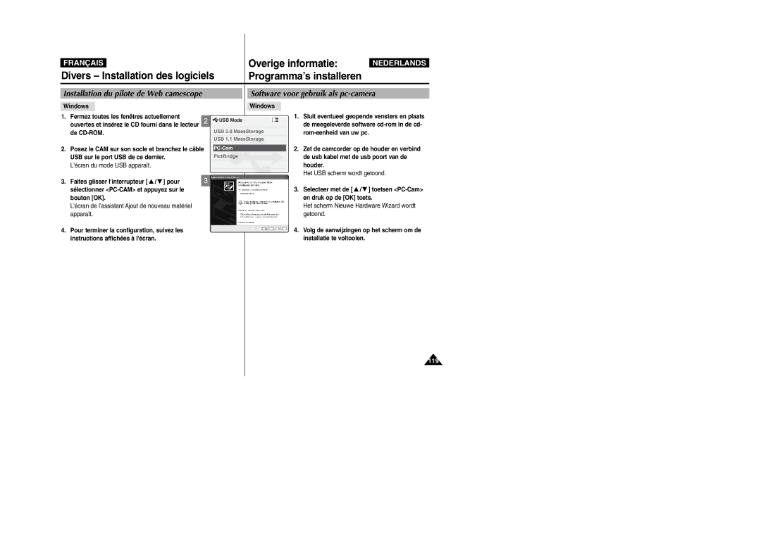 Samsung VP-M110R/XEF, VP-M110S/XET manual Installation du pilote de Web camescope, Software voor gebruik als pc-camera 