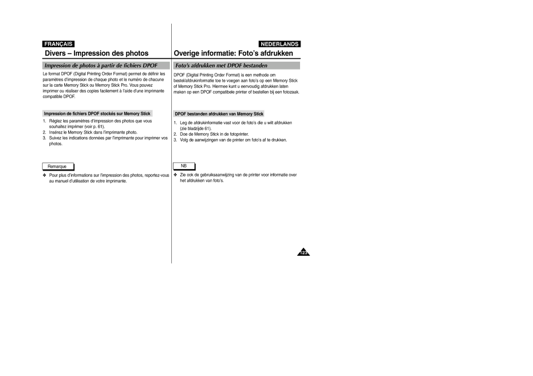 Samsung VP-X110L/XEF manual Impression de fichiers Dpof stockés sur Memory Stick, Dpof bestanden afdrukken van Memory Stick 