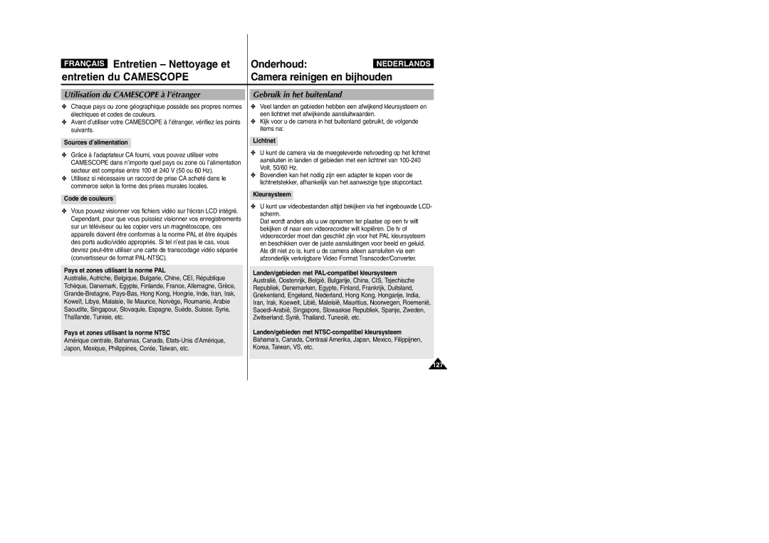 Samsung VP-M110B/XEF, VP-M110S/XET, VP-M110S/XEF, VP-X110L/XEF, VP-M110R/XEF manual Entretien Nettoyage et Onderhoud 