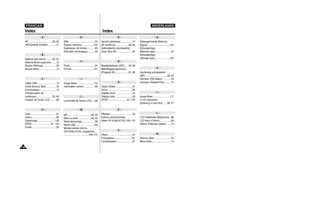 Samsung VP-M110R/XEF, VP-M110S/XET, VP-M110S/XEF, VP-M110B/XEF, VP-X110L/XEF manual Index 