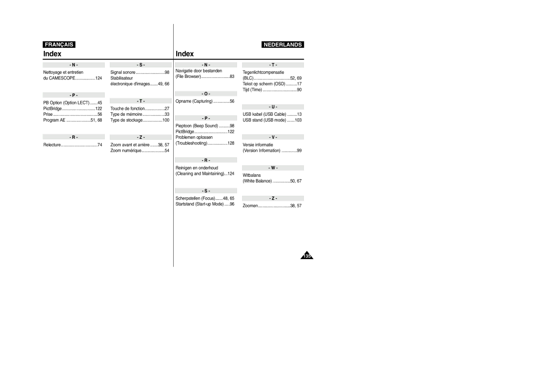 Samsung VP-M110S/XET Nettoyage et entretien, Tegenlichtcompensatie, Stabilisateur, 122, Problemen oplossen, Witbalans 