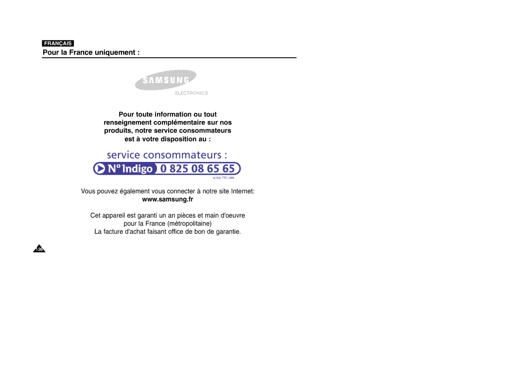 Samsung VP-M110S/XEF, VP-M110S/XET, VP-M110B/XEF, VP-X110L/XEF, VP-M110R/XEF manual Pour la France uniquement 