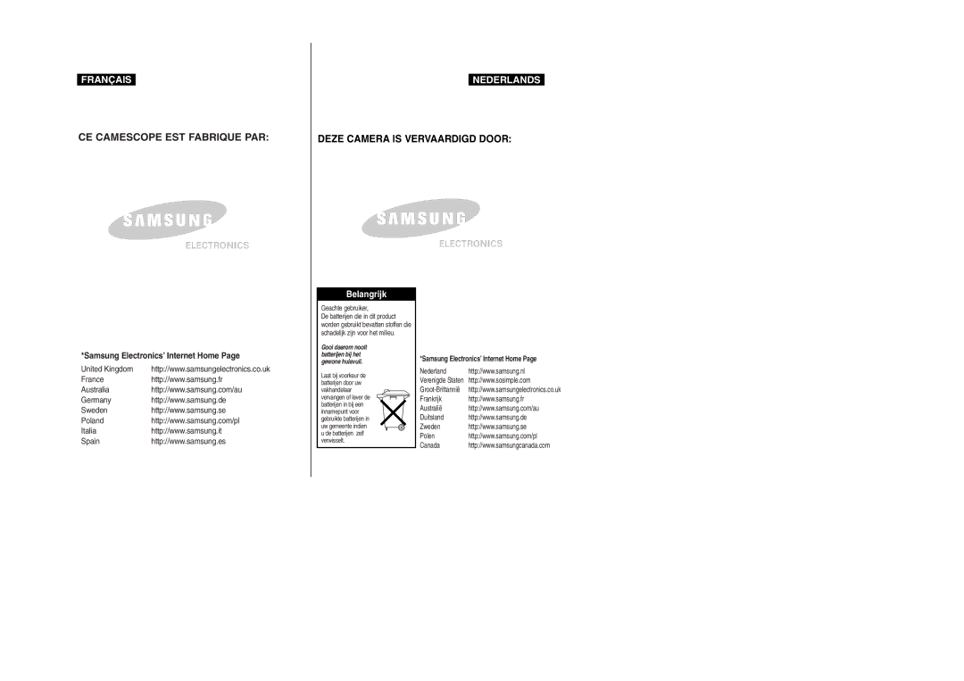 Samsung VP-M110S/XEF, VP-M110S/XET, VP-M110B/XEF manual CE Camescope EST Fabrique PAR, Samsung Electronics’ Internet Home 