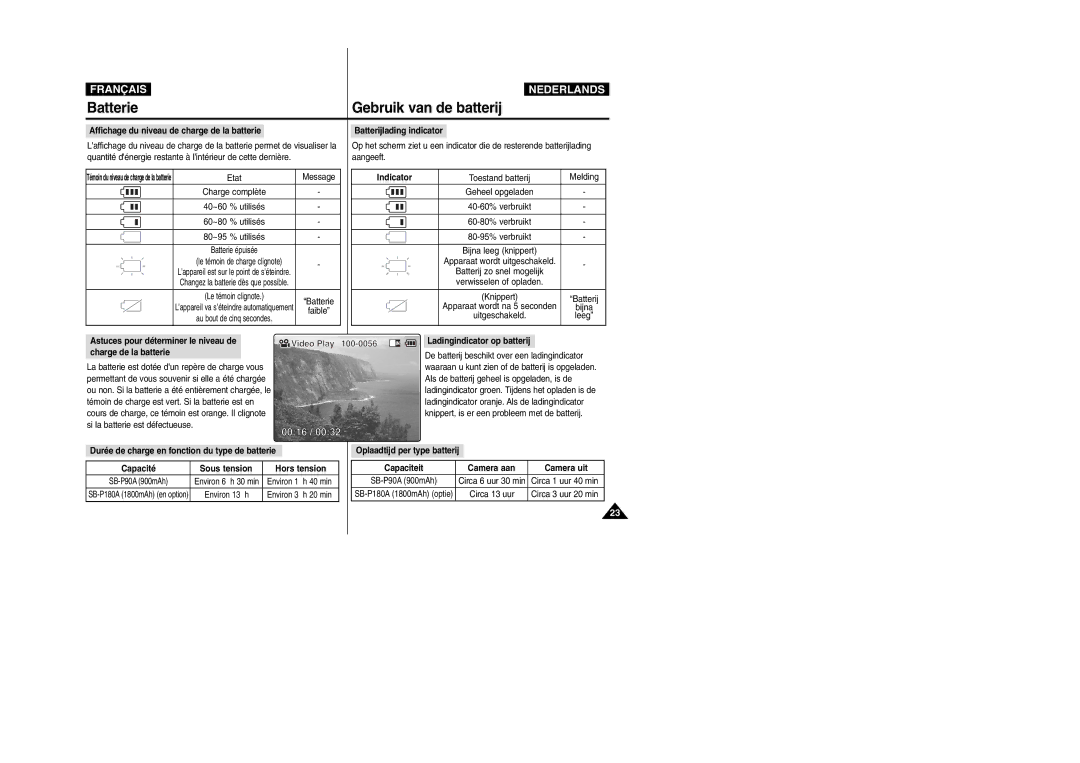 Samsung VP-X110L/XEF Affichage du niveau de charge de la batterie, Indicator, Video Play, Ladingindicator op batterij 