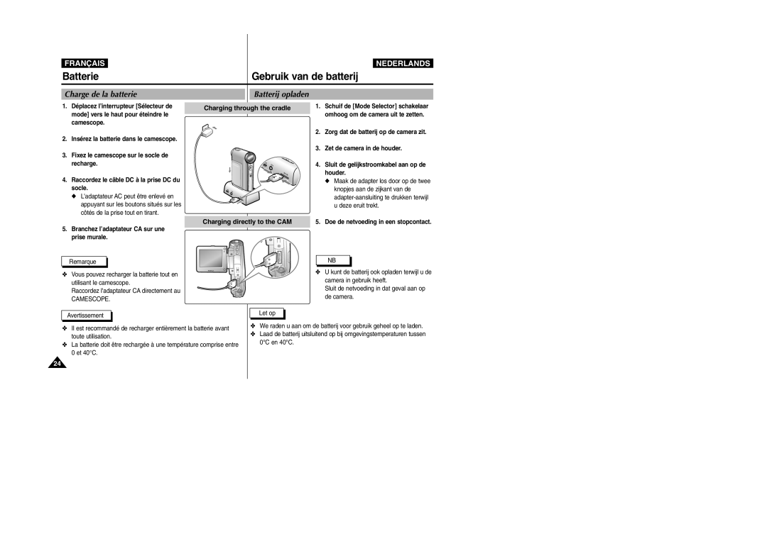 Samsung VP-M110R/XEF manual Charge de la batterie, Batterij opladen, Branchez l’adaptateur CA sur une prise murale, Let op 