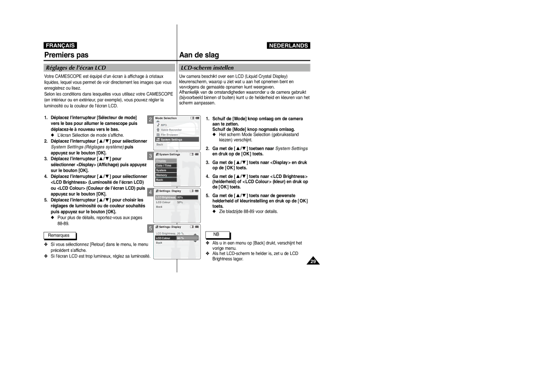 Samsung VP-M110R/XEF manual Réglages de l’écran LCD, LCD-scherm instellen, Sur le bouton OK, Appuyez sur le bouton OK 