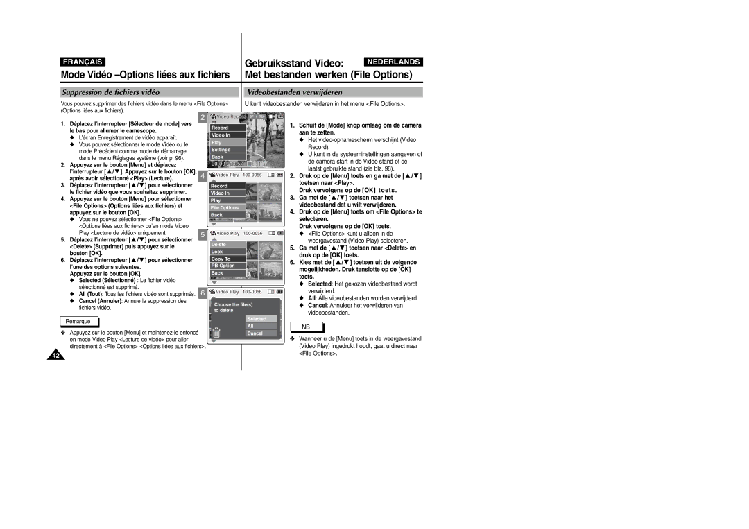 Samsung VP-M110B/XEF manual Gebruiksstand Video, Met bestanden werken File Options, Mode Vidéo -Options liées aux fichiers 