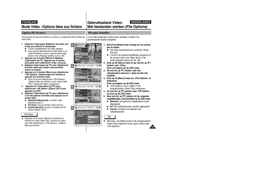 Samsung VP-M110S/XET manual Gebruiksstand Video, Met bestanden werken File Options, Option PB lecture PB-optie instellen 