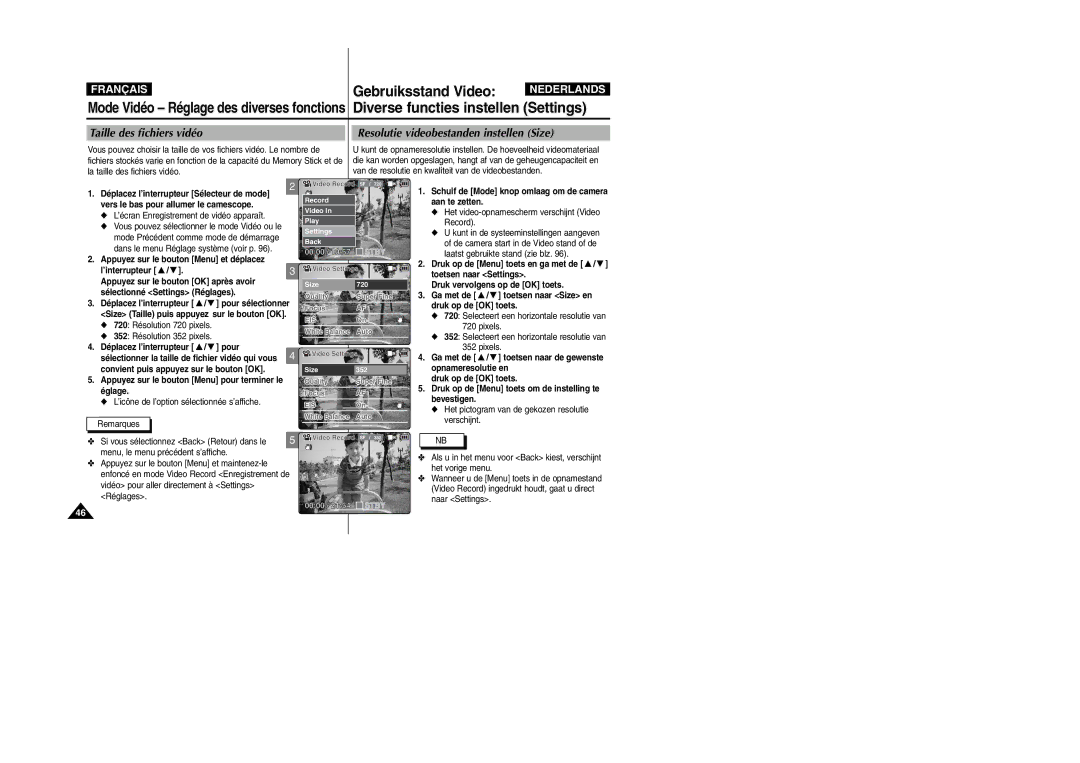 Samsung VP-M110S/XEF, VP-M110S/XET, VP-M110B/XEF manual Taille des fichiers vidéo, Resolutie videobestanden instellen Size 