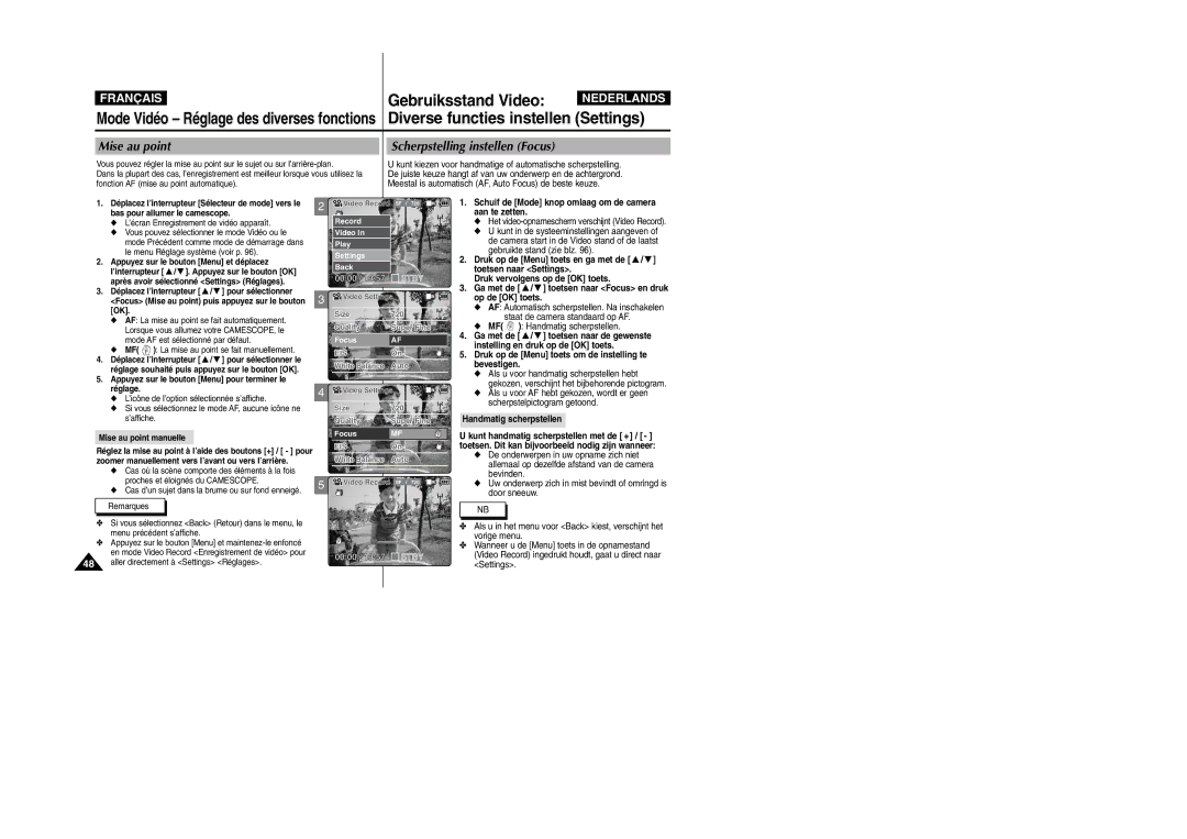 Samsung VP-X110L/XEF, VP-M110S/XET manual Diverse functies instellen Settings, Mise au point Scherpstelling instellen Focus 