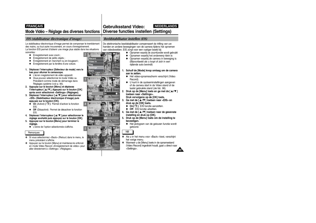 Samsung VP-M110R/XEF, VP-M110S/XET, VP-M110S/XEF manual Diverse functies instellen Settings, Beeldstabilisator instellen EIS 