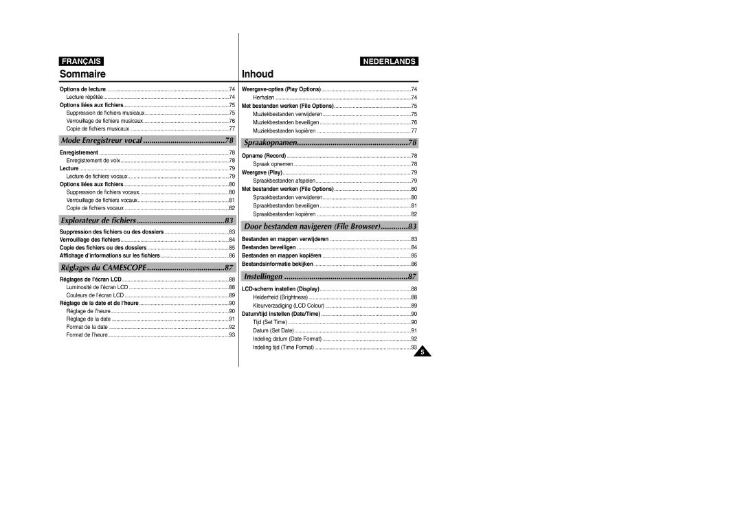 Samsung VP-M110S/XET, VP-M110S/XEF, VP-M110B/XEF, VP-X110L/XEF, VP-M110R/XEF manual Instellingen 