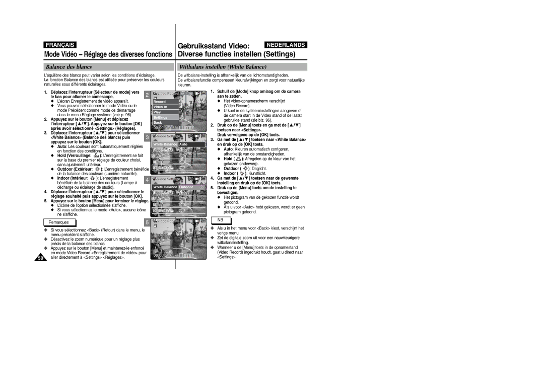 Samsung VP-M110S/XET, VP-M110S/XEF, VP-M110B/XEF Balance des blancs, Witbalans instellen White Balance, Outdoor Daglicht 