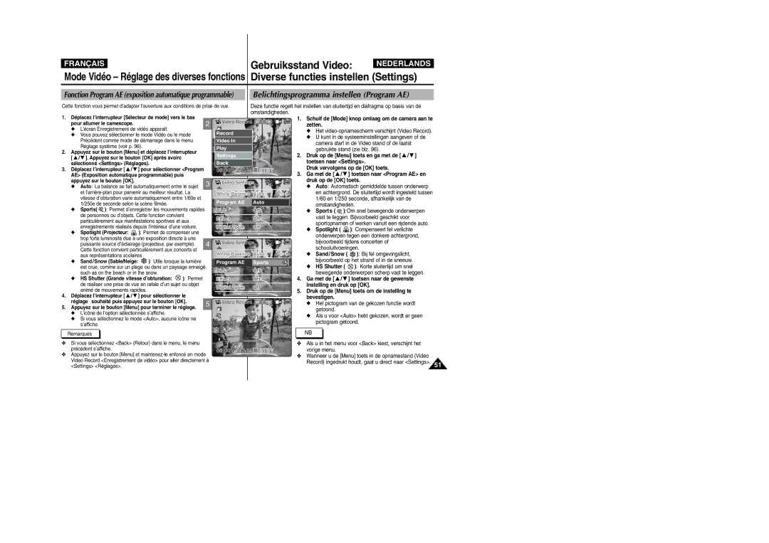 Samsung VP-M110S/XEF, VP-M110S/XET, VP-M110B/XEF, VP-X110L/XEF, VP-M110R/XEF manual Belichtingsprogramma instellen Program AE 