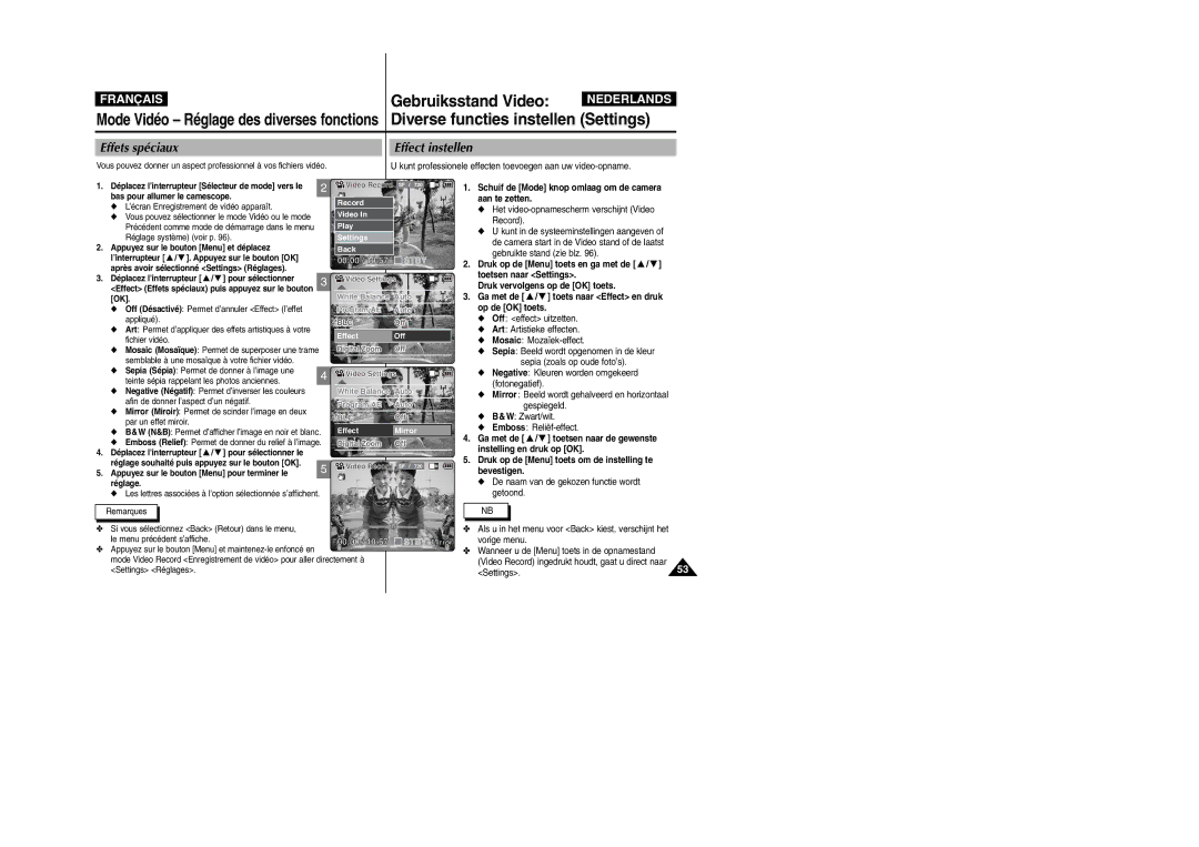 Samsung VP-X110L/XEF manual Effets spéciaux, Effect instellen, Toetsen naar Settings, Instelling en druk op OK, Bevestigen 