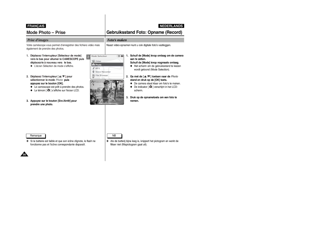 Samsung VP-M110S/XEF, VP-M110S/XET manual Mode Photo Prise, Gebruiksstand Foto Opname Record, Prise d’images Foto’s maken 