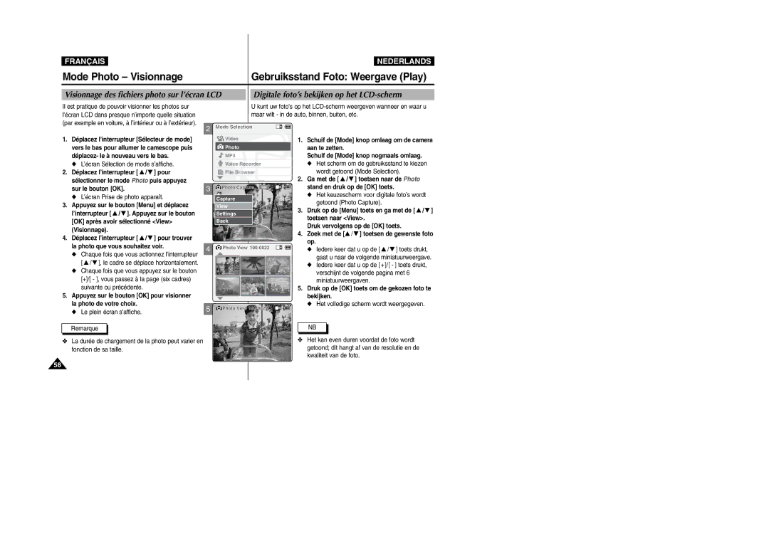 Samsung VP-X110L/XEF, VP-M110S/XET manual Mode Photo Visionnage Gebruiksstand Foto Weergave Play, La photo de votre choix 