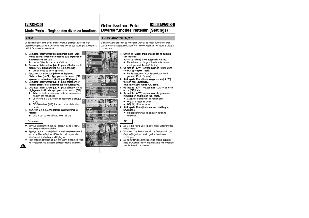 Samsung VP-M110R/XEF, VP-M110S/XET manual Flash Flitser instellen Light, Appuyez sur le bouton Menu pour terminer le réglage 