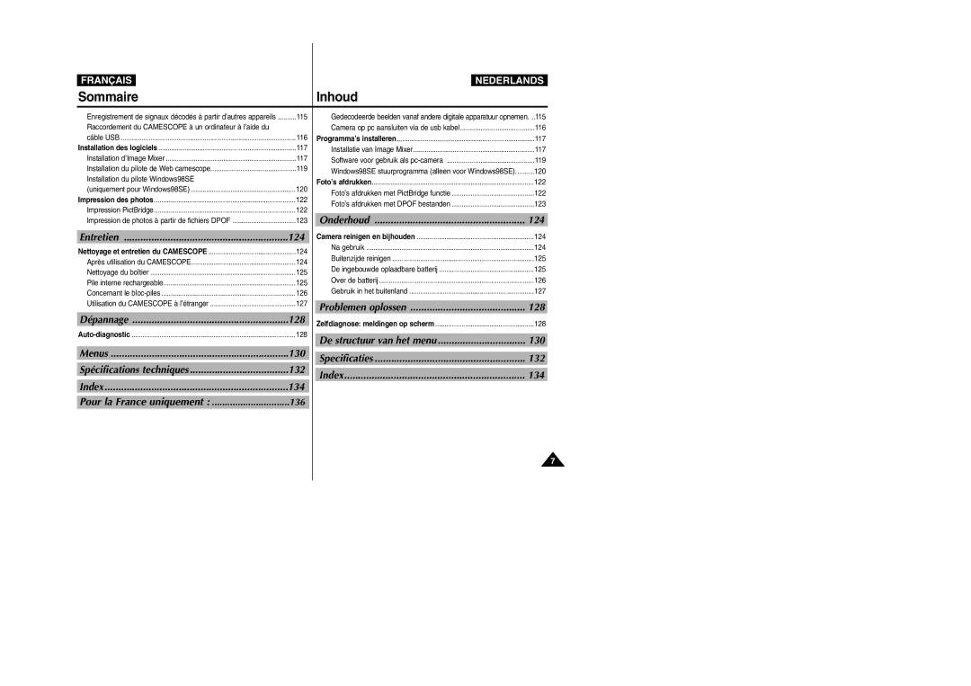 Samsung VP-M110B/XEF manual 130, 136, Onderhoud 124, Problemen oplossen 128, Specificaties 132 Index 134 