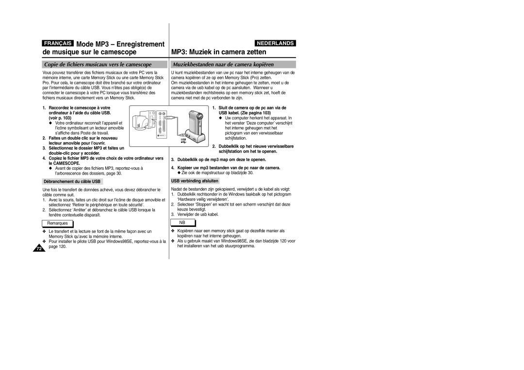 Samsung VP-M110B/XEF manual MP3 Muziek in camera zetten, Débranchement du câble USB, Zie ook de mapstructuur op bladzijde 