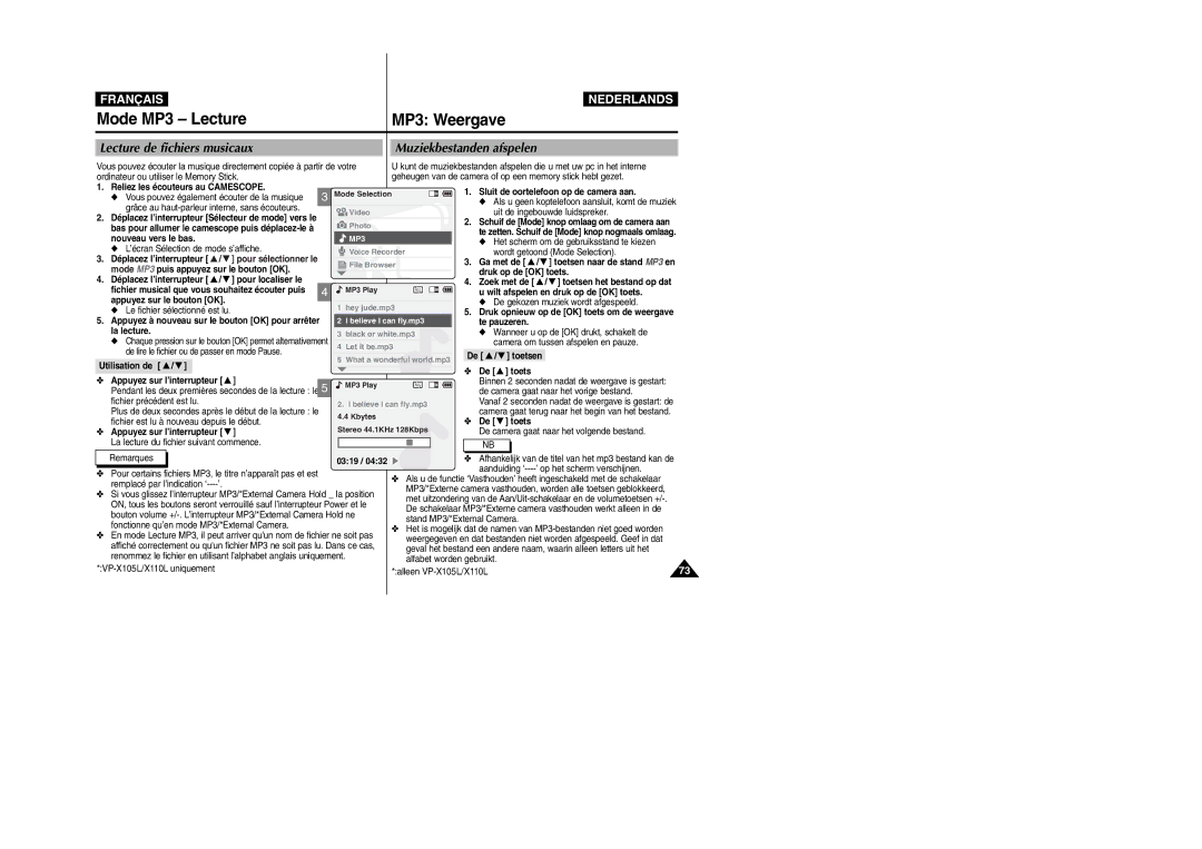 Samsung VP-X110L/XEF, VP-M110S/XET Mode MP3 Lecture MP3 Weergave, Lecture de fichiers musicaux Muziekbestanden afspelen 