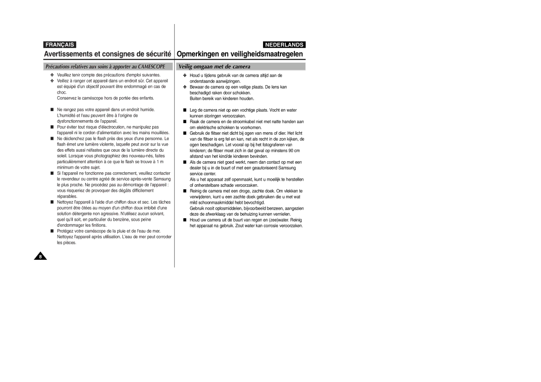 Samsung VP-X110L/XEF, VP-M110S/XET, VP-M110S/XEF, VP-M110B/XEF, VP-M110R/XEF manual Veilig omgaan met de camera 