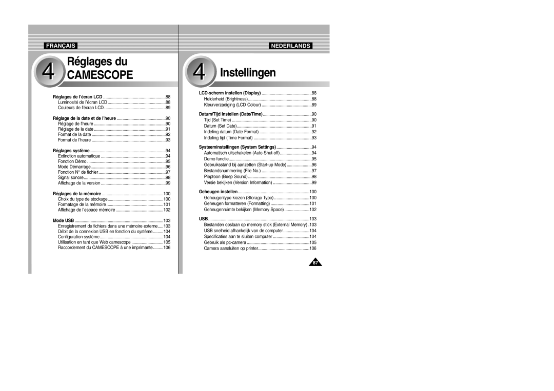 Samsung VP-M110B/XEF, VP-M110S/XET Bestanden opslaan op memory stick External Memory, Systeeminstellingen System Settings 