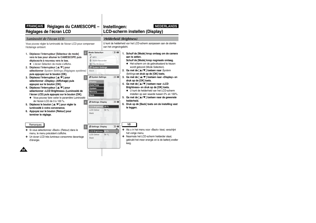 Samsung VP-X110L/XEF manual Instellingen, LCD-scherm instellen Display, Luminosité de l’écran LCD Helderheid Brightness 