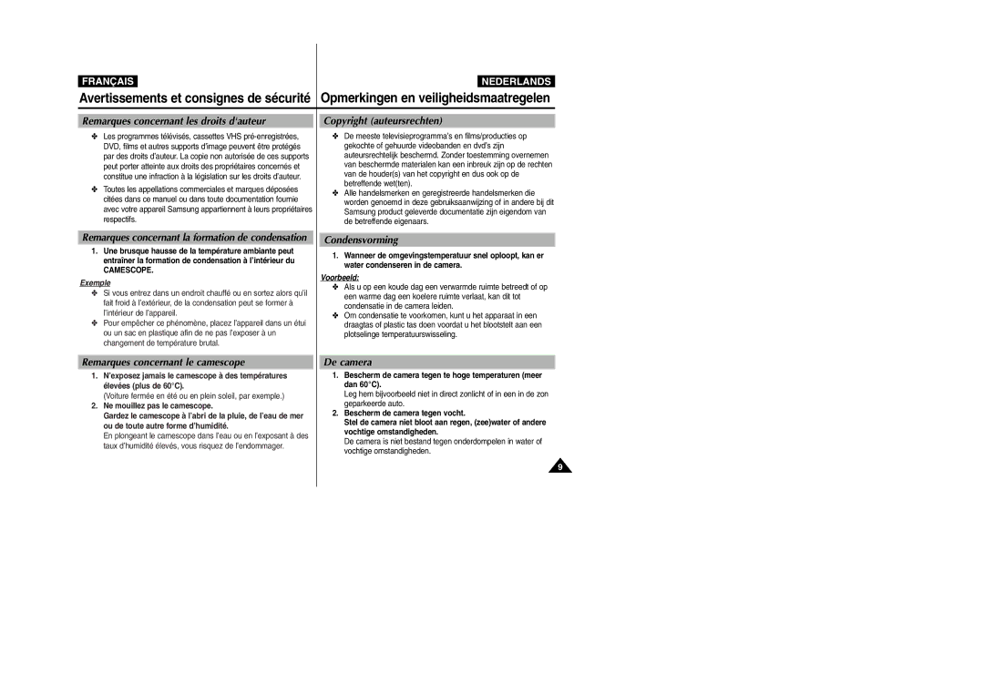 Samsung VP-M110R/XEF Remarques concernant les droits dauteur, Condensvorming, Remarques concernant le camescope, De camera 