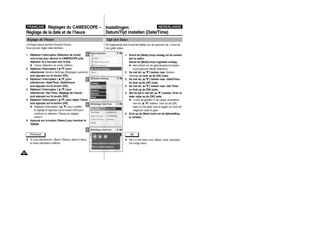 Samsung VP-M110S/XET manual Datum/Tijd instellen Date/Time, Réglage de l’heure Tijd Set Time, Puis appuyez sur le bouton OK 