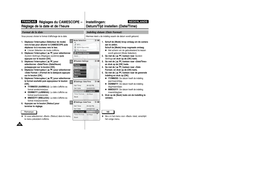 Samsung VP-M110B/XEF Format de la date Indeling datum Date Format, Druk op de Back toets om de instelling te verlaten 