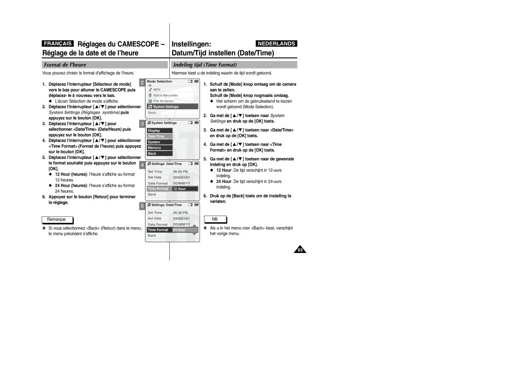 Samsung VP-X110L/XEF manual Format de l’heure Indeling tijd Time Format, Hour heures l’heure s’affiche au format Heures 