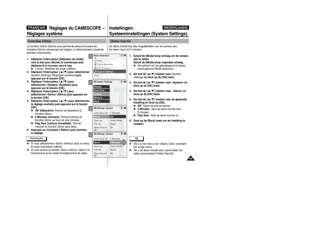 Samsung VP-M110S/XET, VP-M110S/XEF manual Instellingen, Fonction Démo Demo functie, Play Now Lecture immédiate Permet 