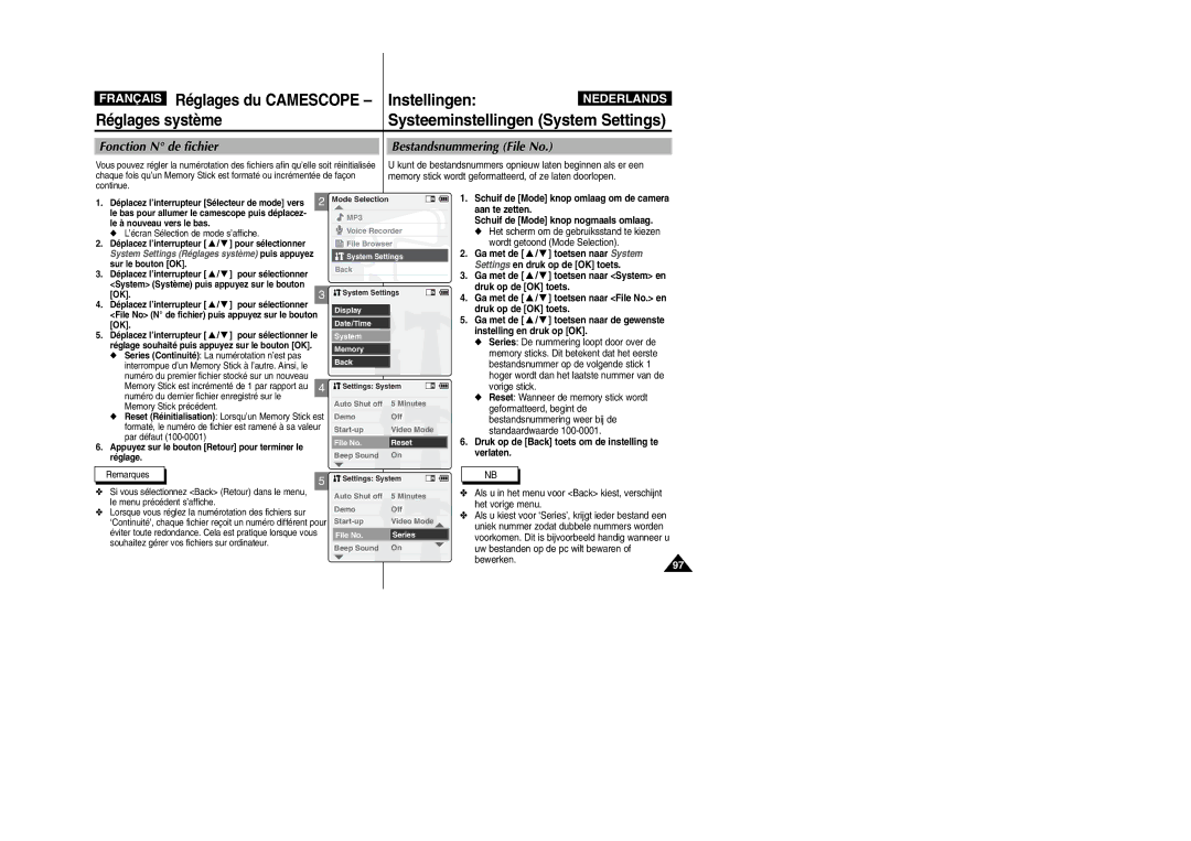 Samsung VP-M110B/XEF, VP-M110S/XET, VP-M110S/XEF, VP-X110L/XEF, VP-M110R/XEF Fonction N de fichier Bestandsnummering File No 