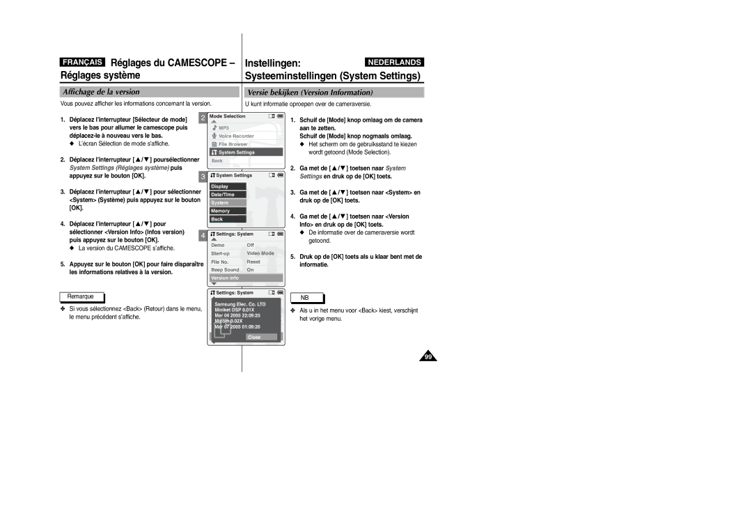 Samsung VP-M110R/XEF manual Affichage de la version Versie bekijken Version Information, La version du Camescope s’affiche 