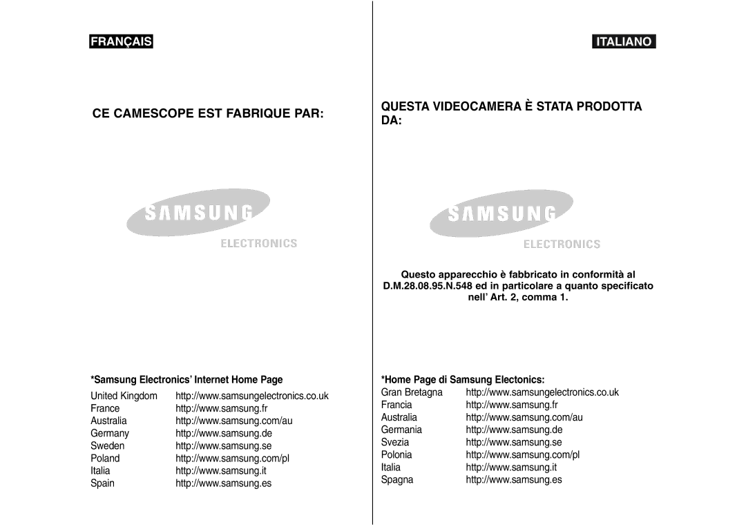 Samsung VP-M110S/XEF, VP-M110S/XET, VP-M110B/XEF, VP-X110L/XEF, VP-M110R/XEF manual Electronics 