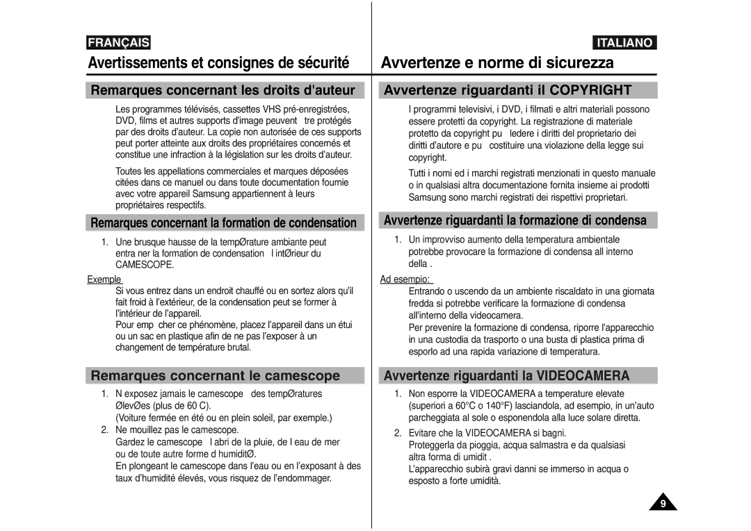 Samsung VP-M110S/XET, VP-M110S/XEF, VP-M110B/XEF Avvertenze riguardanti il Copyright, Remarques concernant le camescope 