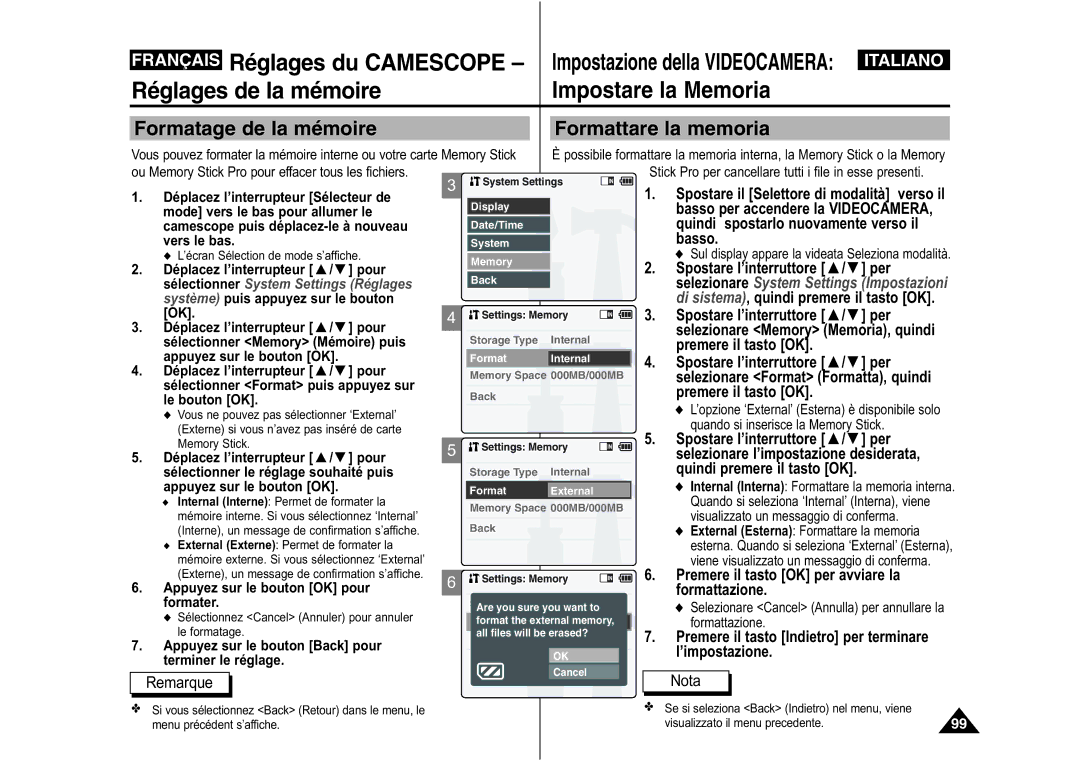 Samsung VP-M110S/XET, VP-M110S/XEF Formatage de la mémoire Formattare la memoria, Appuyez sur le bouton OK pour formater 