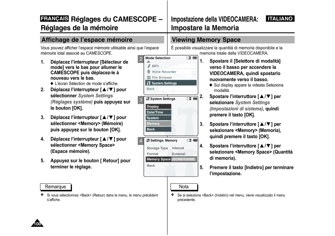 Samsung VP-M110S/XEF, VP-M110S/XET, VP-M110B/XEF, VP-X110L/XEF manual Affichage de l’espace mémoire Viewing Memory Space 