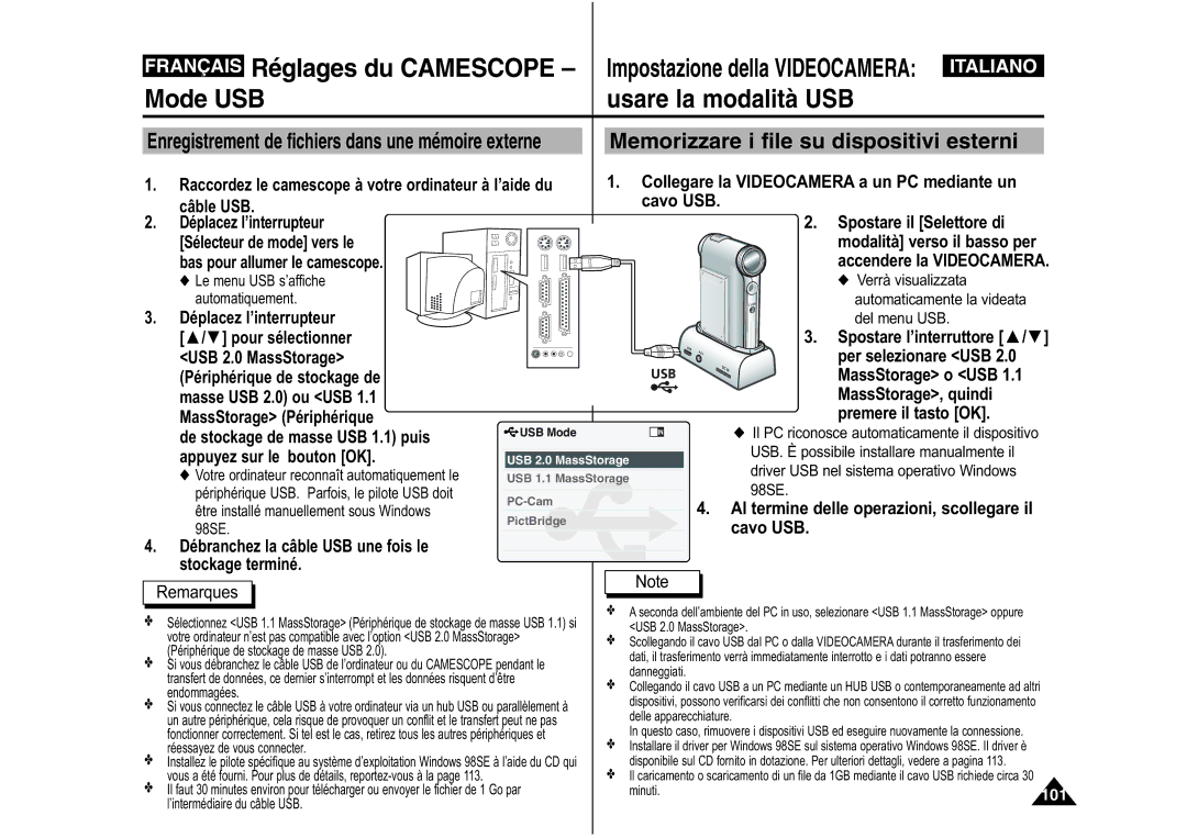 Samsung VP-M110B/XEF, VP-M110S/XET, VP-M110S/XEF manual Français Réglages du Camescope, Mode USB, Usare la modalità USB 