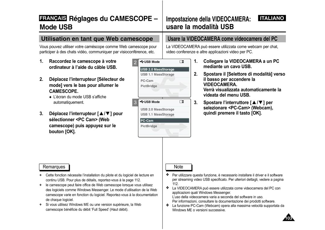 Samsung VP-M110R/XEF Utilisation en tant que Web camescope, Verrà visualizzata automaticamente la videata del menu USB 