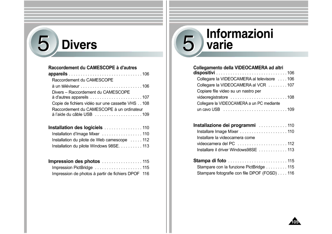 Samsung VP-M110S/XEF, VP-M110S/XET, VP-M110B/XEF, VP-X110L/XEF, VP-M110R/XEF manual Divers, Raccordement du Camescope à dautres 