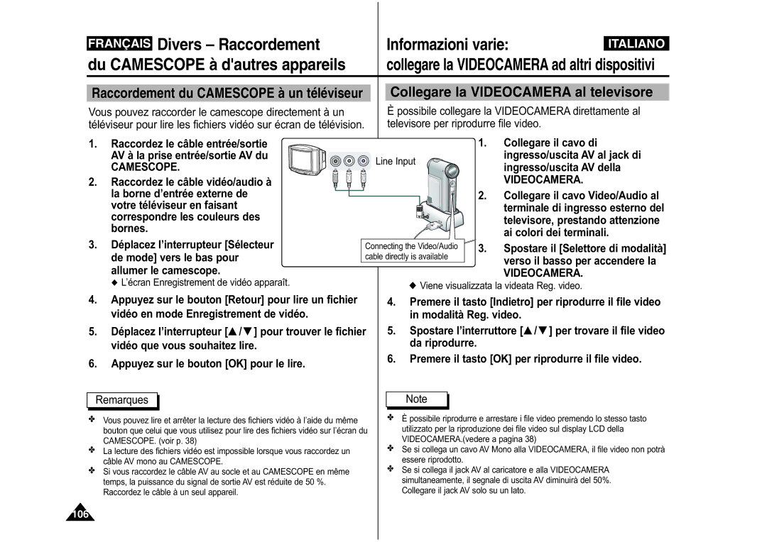 Samsung VP-M110B/XEF Raccordez le câble entrée/sortie, AV à la prise entrée/sortie AV du, Raccordez le câble vidéo/audio à 