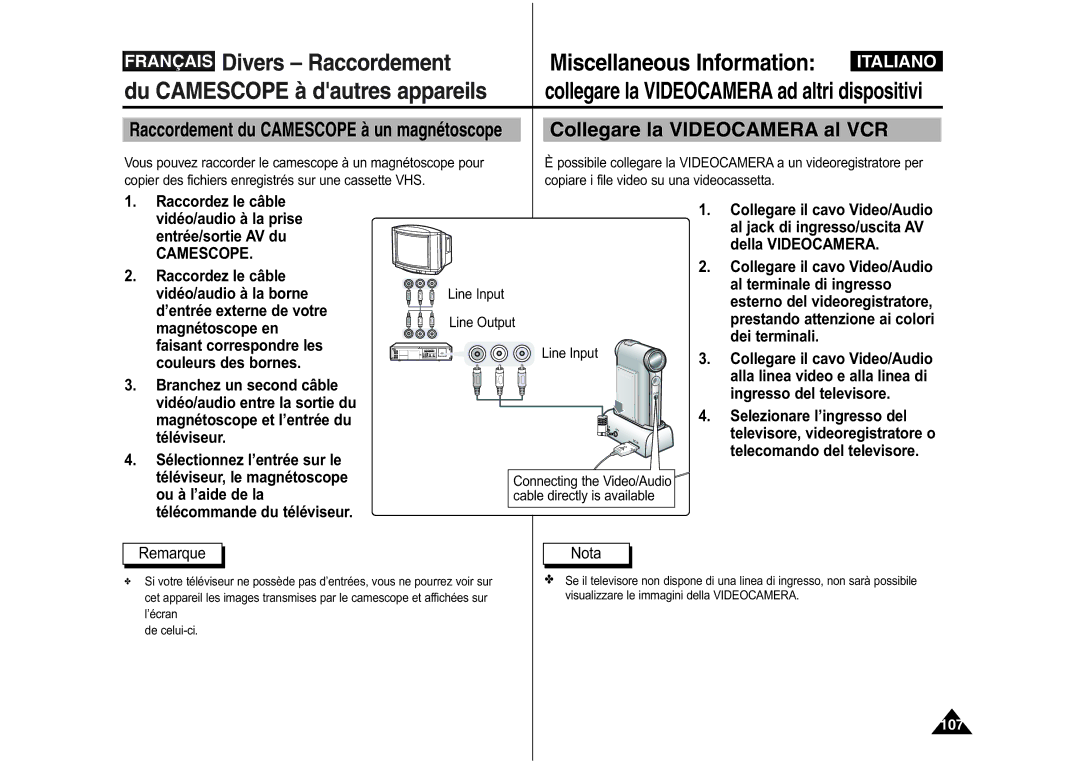 Samsung VP-X110L/XEF, VP-M110S/XET manual Divers Raccordement Miscellaneous Information, Du Camescope à dautres appareils 