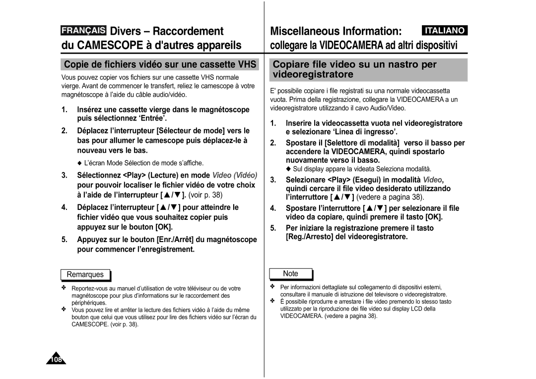 Samsung VP-M110R/XEF, VP-M110S/XET, VP-M110S/XEF, VP-M110B/XEF manual Copiare file video su un nastro per, Videoregistratore 