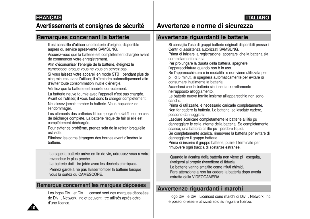 Samsung VP-M110S/XEF, VP-M110S/XET manual Avvertenze riguardanti i marchi, Vérifiez que la batterie est insérée correctement 