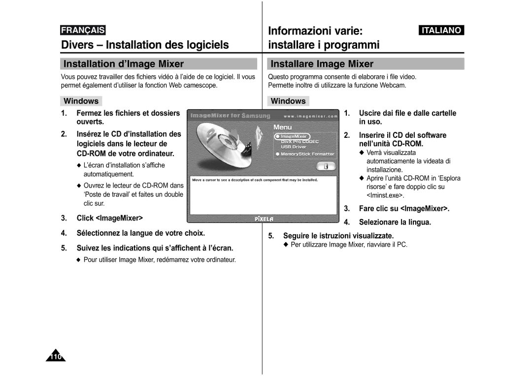 Samsung VP-M110S/XEF, VP-M110S/XET Informazioni varie, Divers Installation des logiciels, Installare i programmi, Windows 