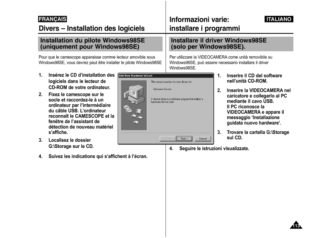 Samsung VP-M110R/XEF, VP-M110S/XET, VP-M110S/XEF, VP-M110B/XEF manual Divers Installation des logiciels Installare i programmi 