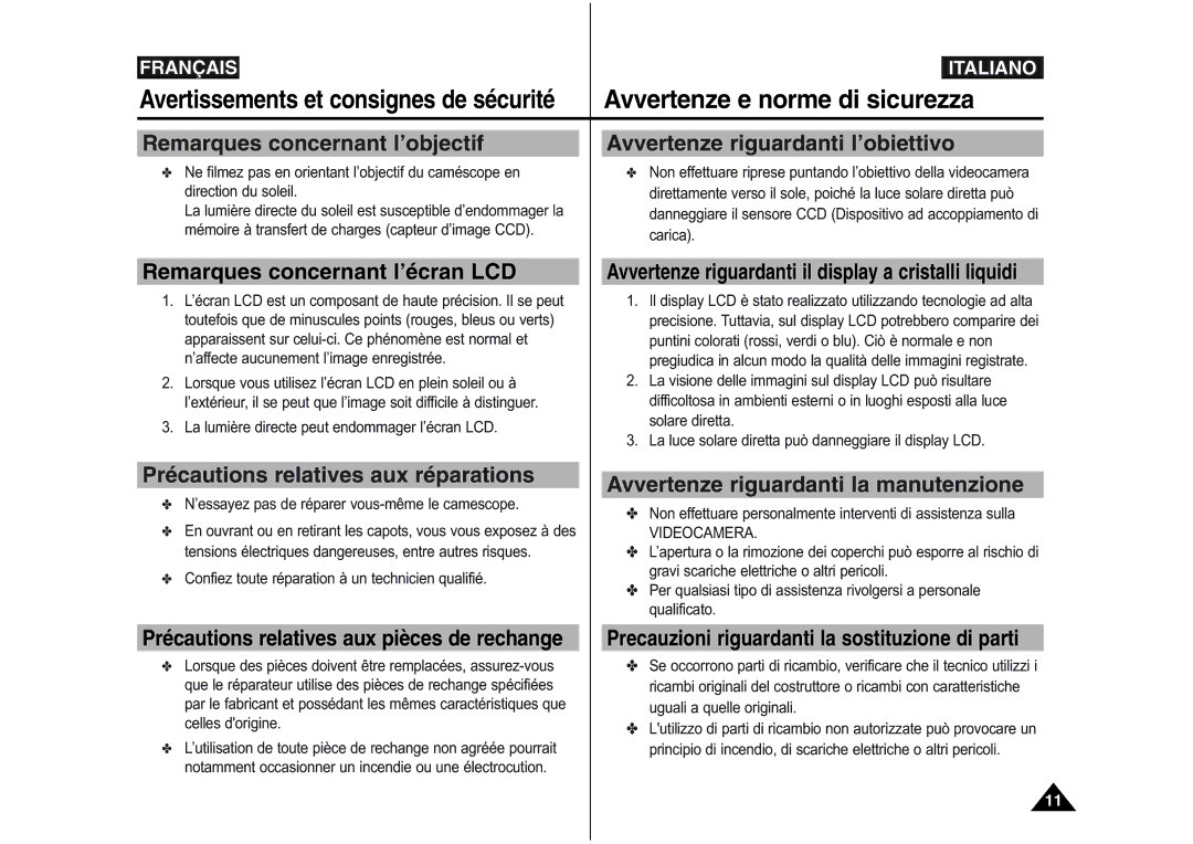 Samsung VP-M110B/XEF, VP-M110S/XET, VP-M110S/XEF Remarques concernant l’écran LCD, Précautions relatives aux réparations 