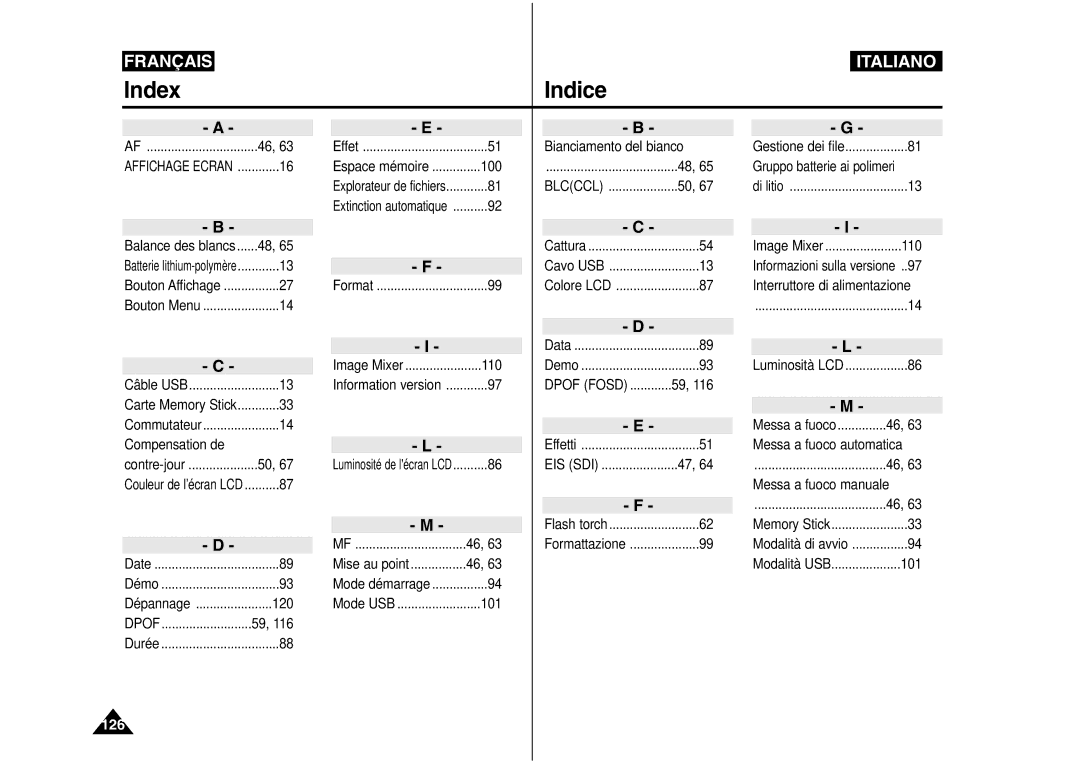 Samsung VP-M110B/XEF, VP-M110S/XET, VP-M110S/XEF, VP-X110L/XEF, VP-M110R/XEF manual Index Indice, Bianciamento del bianco 